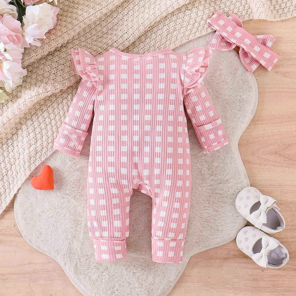 Baby girl plaid long-sleeved cotton romper in white, newborn to 9 months