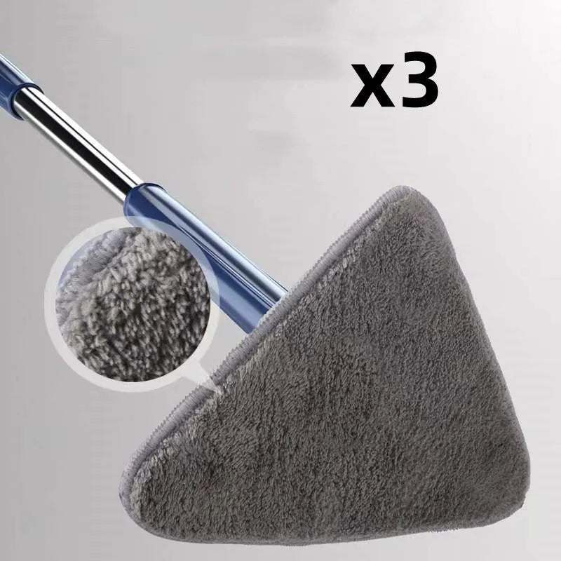 Blue extendable triangle cleaning mop with rotating head and microfiber cloth on a stainless steel pole.