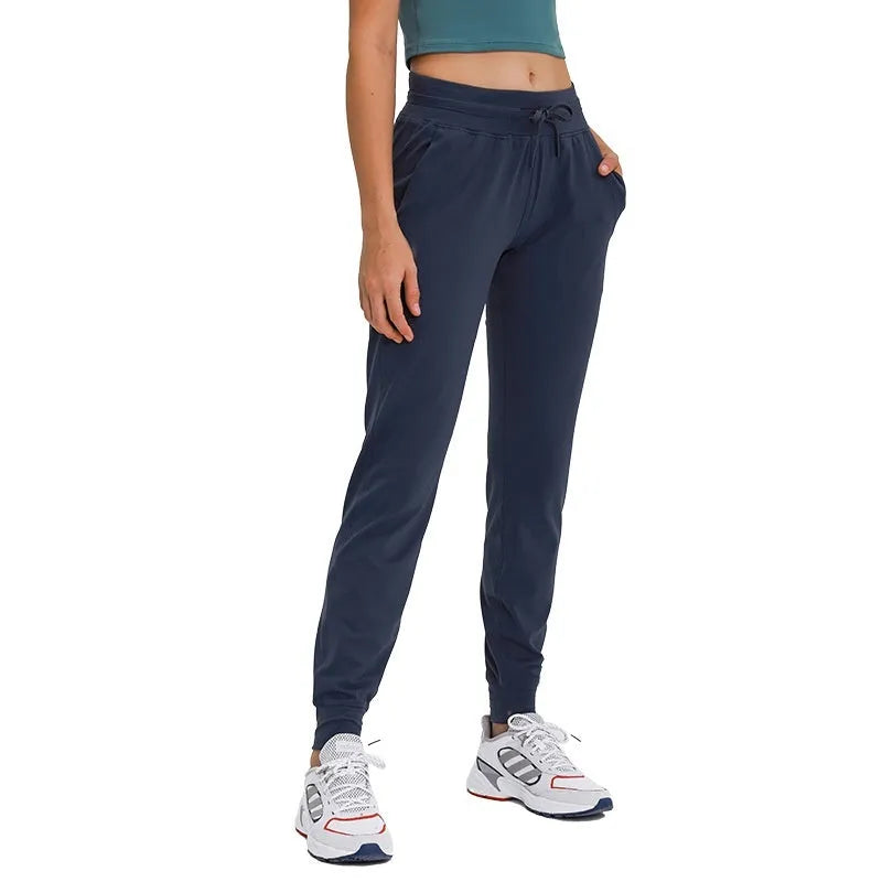 Women's high waist yoga pants with drawstring in distilled coffee colour