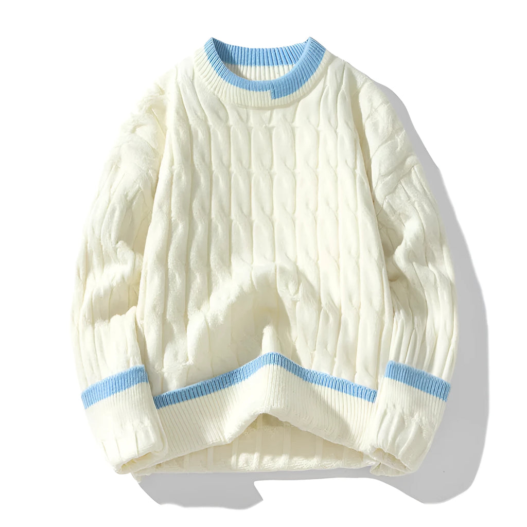 Men's loose fit modal acrylic two-piece sweater set in beige, a long sleeve pullover for autumn.