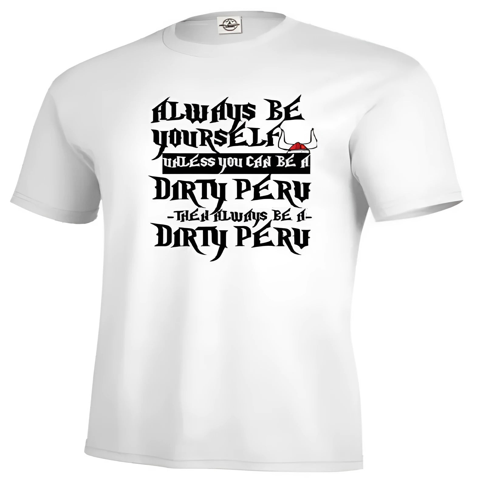 Men's solid white short-sleeve t-shirt with a printed graphic, straight cut, on a hanger.