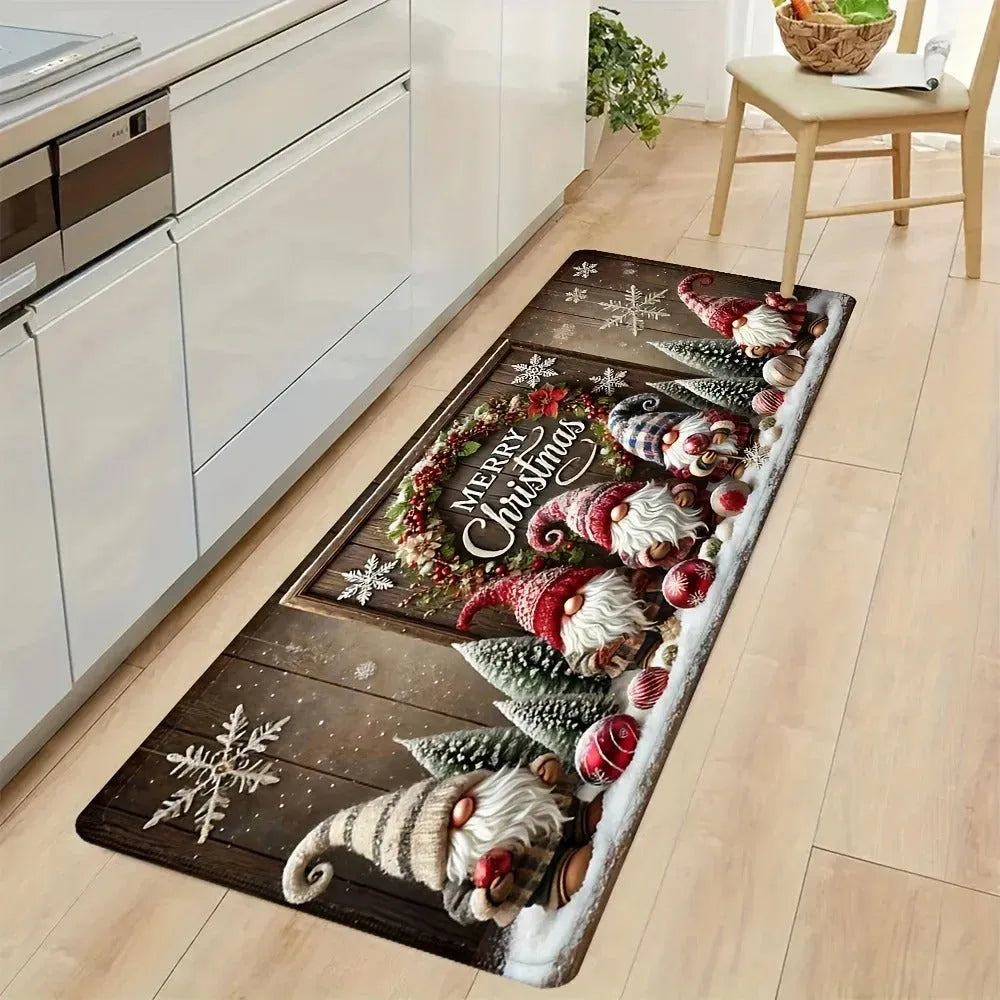 Two-piece Christmas cartoon kitchen mat set with anti-slip polyester suede surface