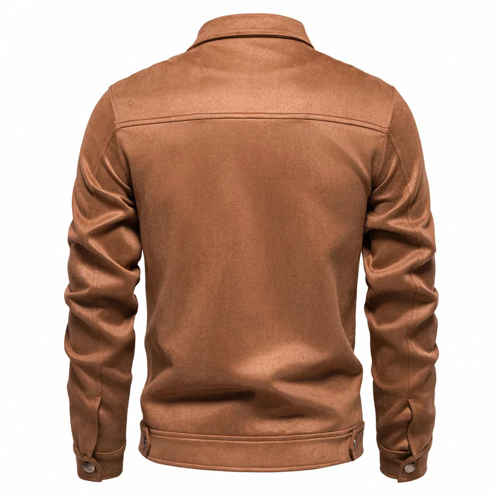 Mens suede lapel zipper jacket autumn winter solid colour outdoor coat black front view