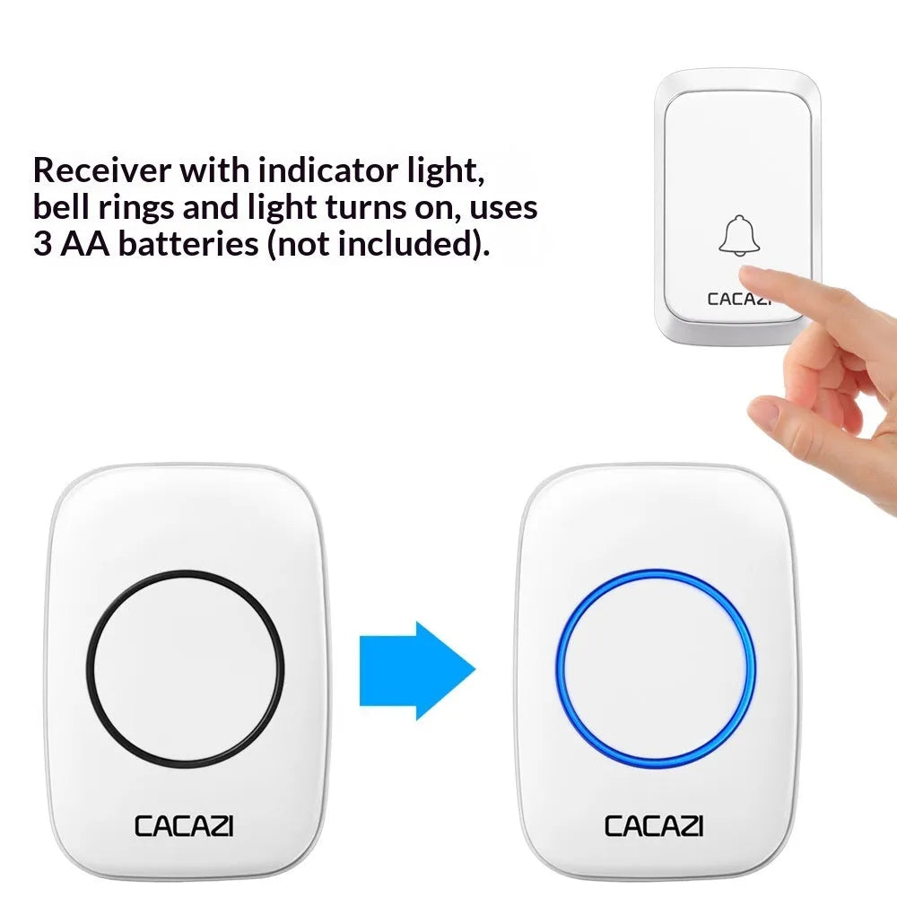 Wireless battery-powered DC doorbell with 300 metre range, waterproof transmitter, black or white, includes receiver