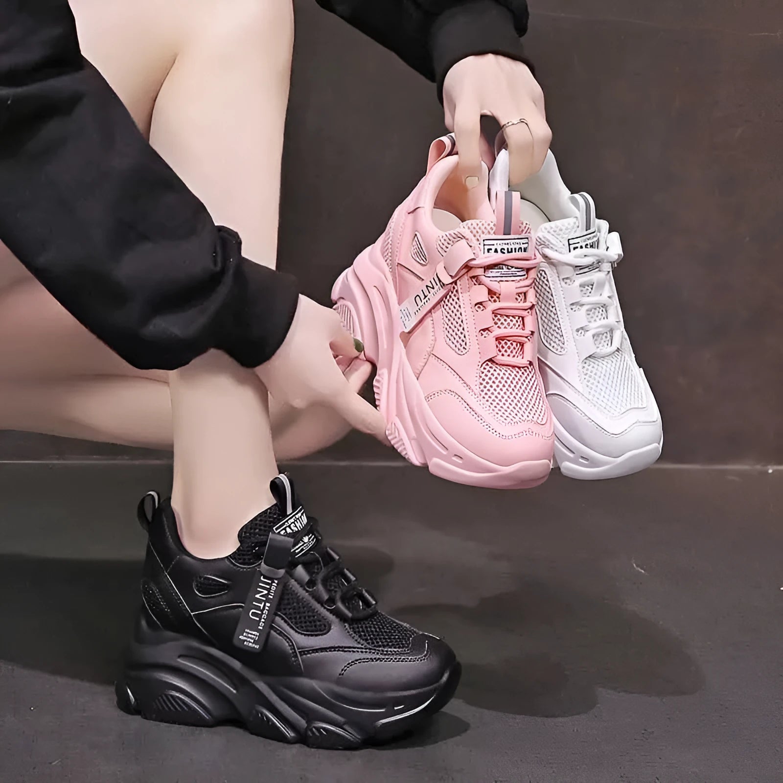 Women's black mesh platform casual shoes with hollow-out design and toe holder, showing TPR sole and optional lining