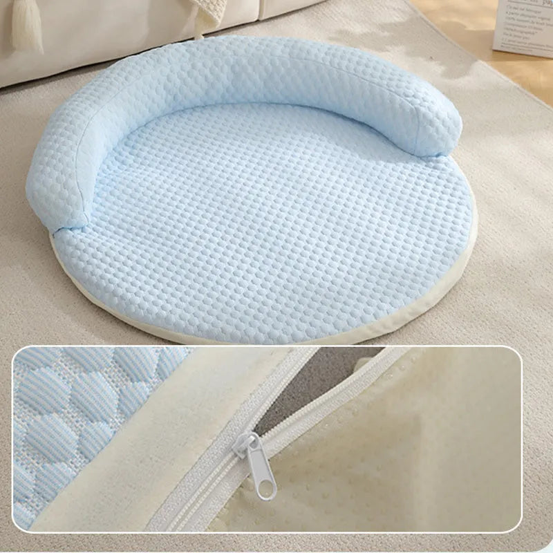 Cooling dog bed in cotton, size L 70cm, colour Blue, laid flat on floor