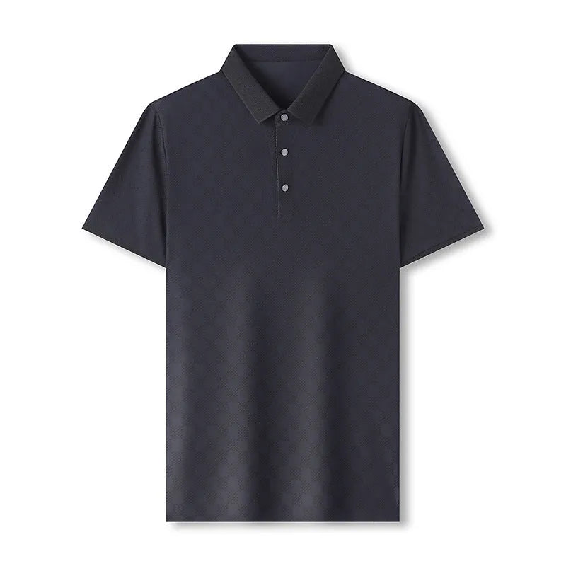 Man wearing a thin black T-shirt with a rhombus-shaped slit detail on the chest.