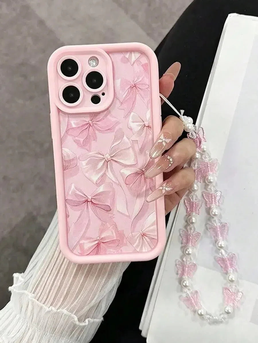 Pink TPU phone case with cartoon butterfly bracelet for iPhone 11 to 17 series