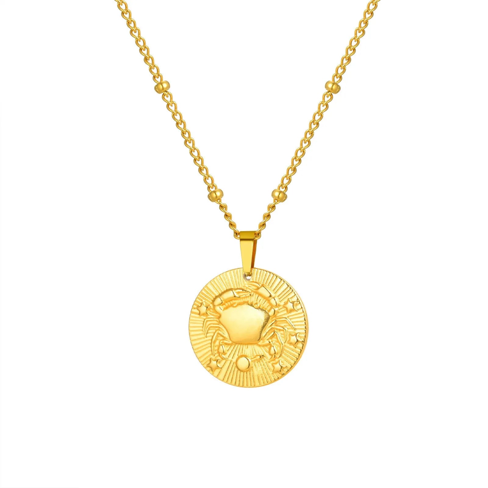 Stainless steel zodiac necklace with cross chain design and embossed constellation pendant