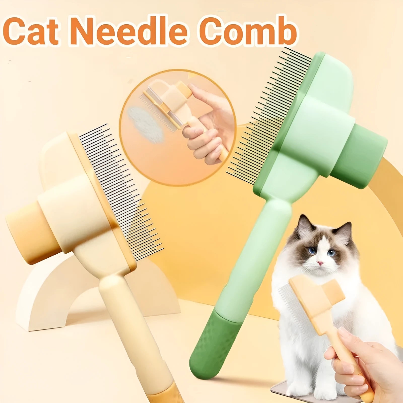 Yellow self-cleaning pet comb with release button and stainless steel teeth for dog and cat grooming
