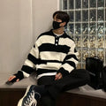 Men's loose fit striped sweater coat pullover in black or grey colour with long sleeves