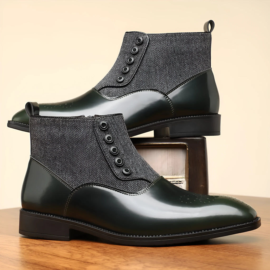 Brown retro men's formal shoes with side zip, square toe, and a low square heel on a plain background.