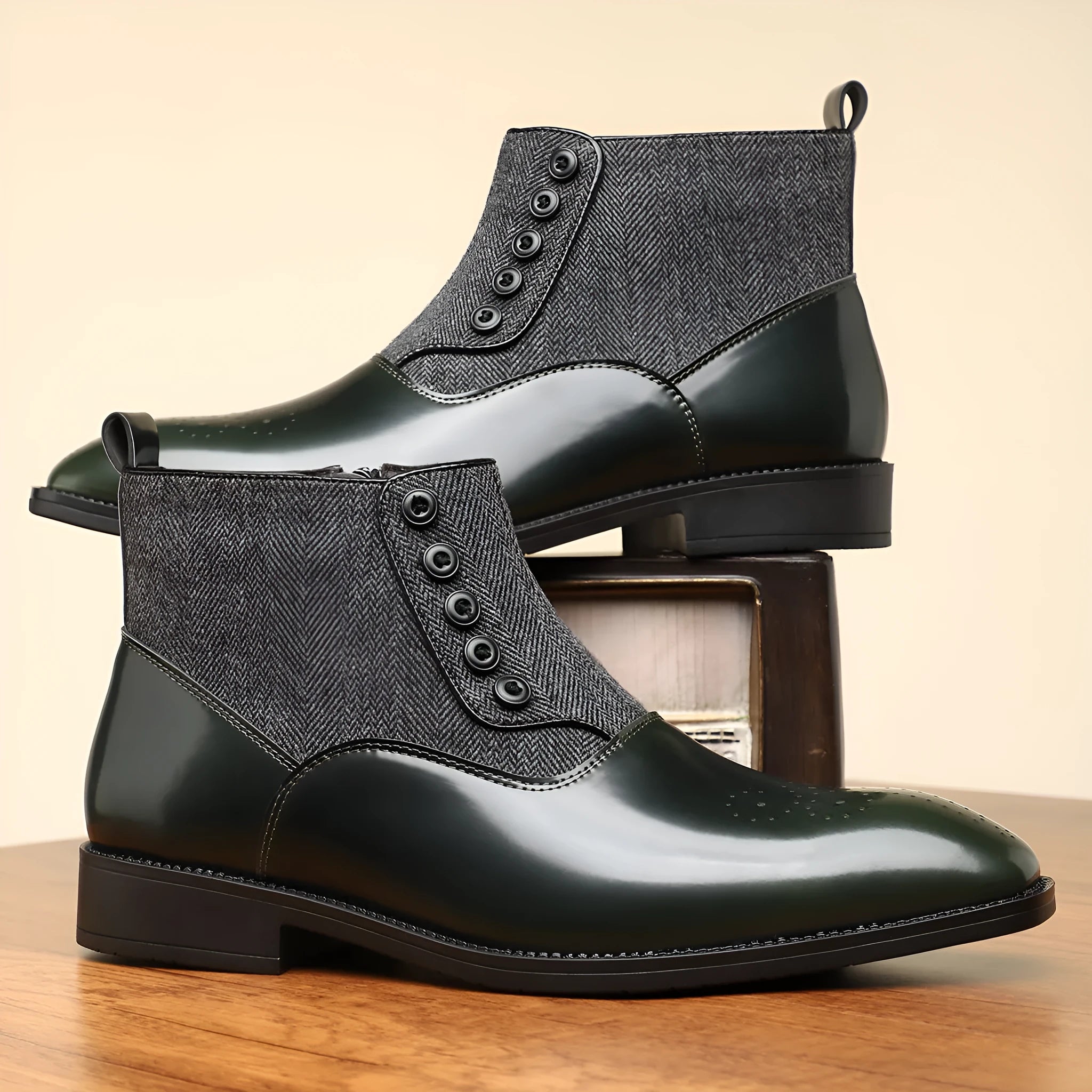 Brown retro men's formal shoes with side zip, square toe, and a low square heel on a plain background.