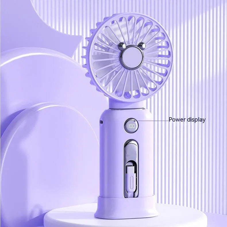 2-in-1 handheld fan with power bank, purple, 88mm brushless blades, compact USB rechargeable portable fan