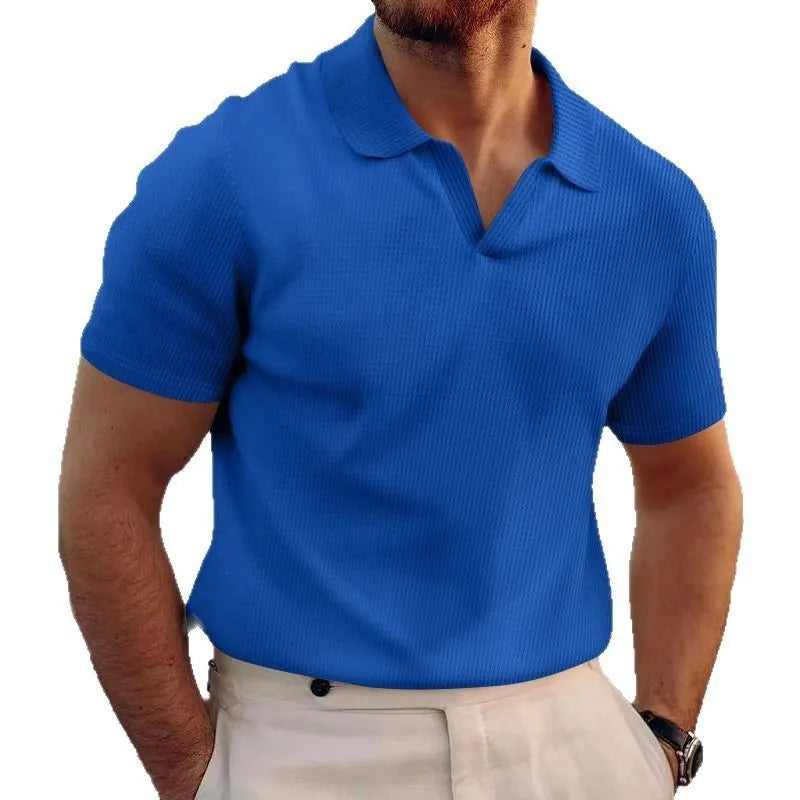 Men's slim-fit lapel collar T-shirt with a heavy waffle texture, shown in a solid colour.