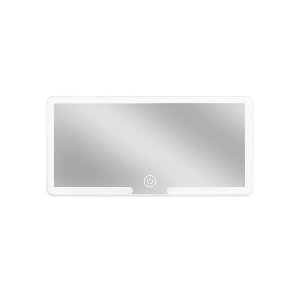 Automotive sun visor mounted LED makeup mirror with dimming control showing dimensions