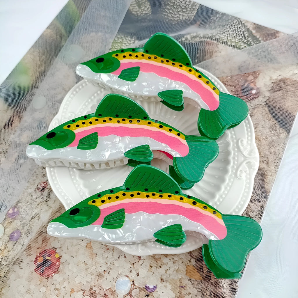 Dark green rainbow trout hair clip with printed carp elements and PVC construction