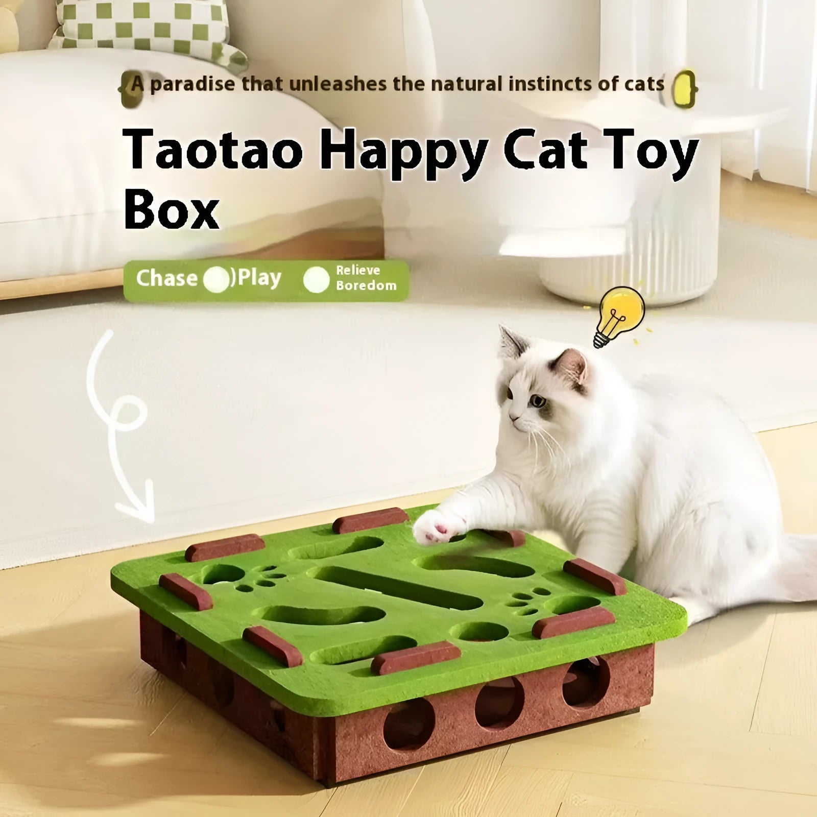 Cat self-hi toy felt box measuring 30cm wide with central relieving hole in camel white colour