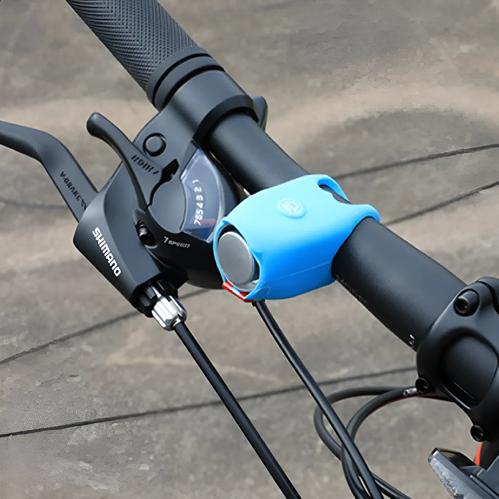 Electronic bicycle horn with plastic housing in six colour options showing compact dimensions for handlebar mounting