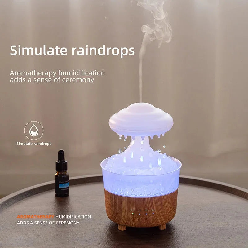 Wood grain rain cloud shaped ultrasonic humidifier and essential oil diffuser with coloured LED lights.