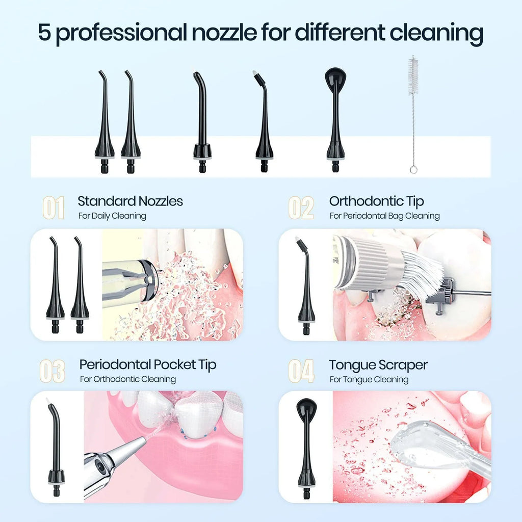 Black prooral portable oral irrigator with water reservoir and smart water toothpick technology