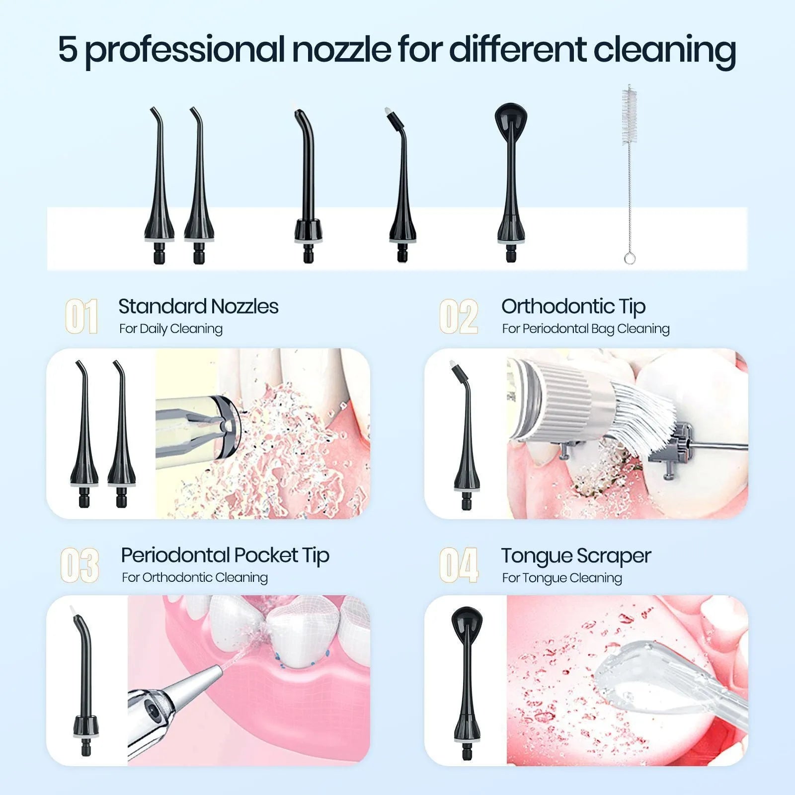 Black prooral portable oral irrigator with water reservoir and smart water toothpick technology