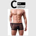 Men's low-waist mesh boxer briefs in sheer black polyester fabric on a white background.