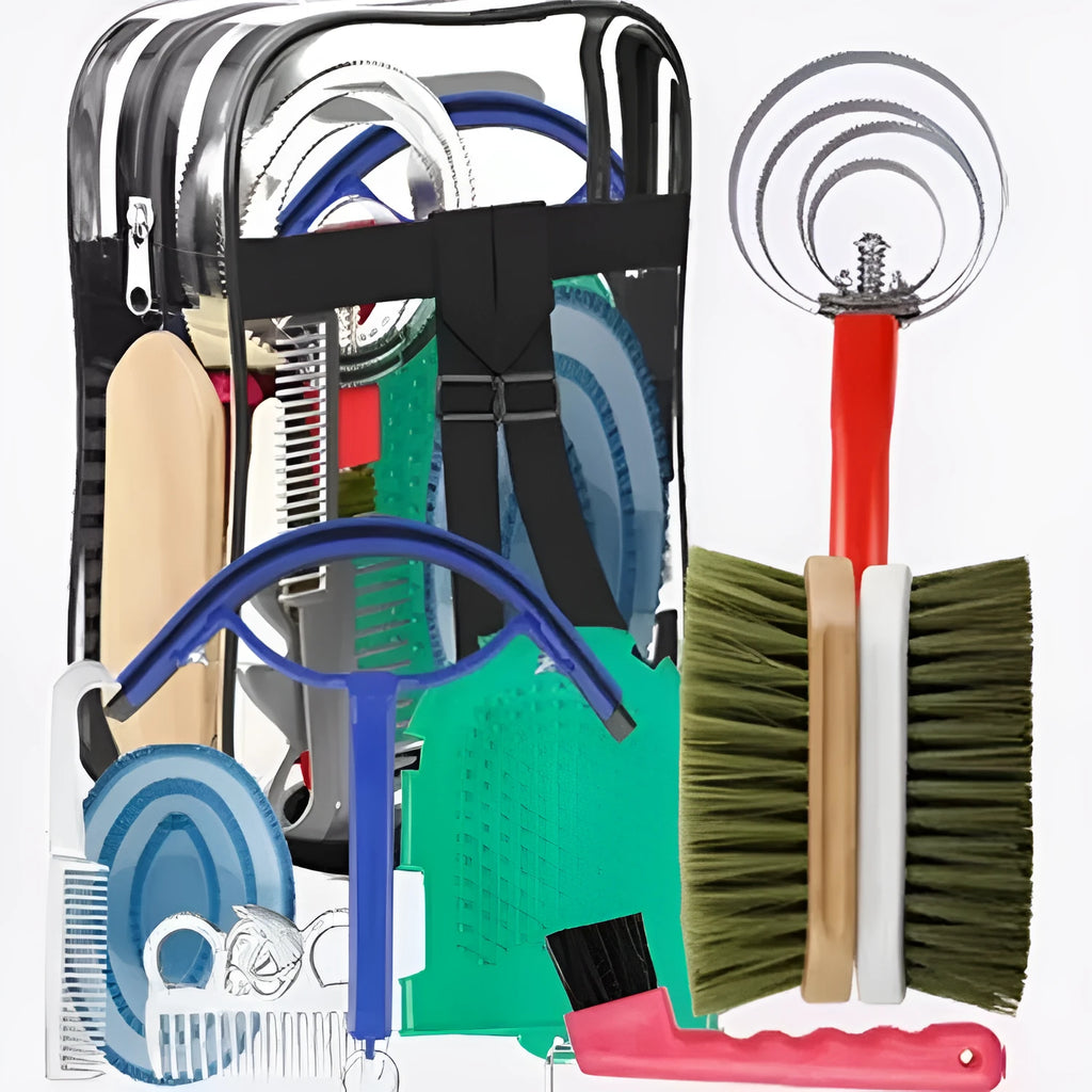 Complete horse grooming brush set with ten tools including brushes, combs, scraper and storage bag