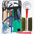 Complete horse grooming brush set with ten tools including brushes, combs, scraper and storage bag