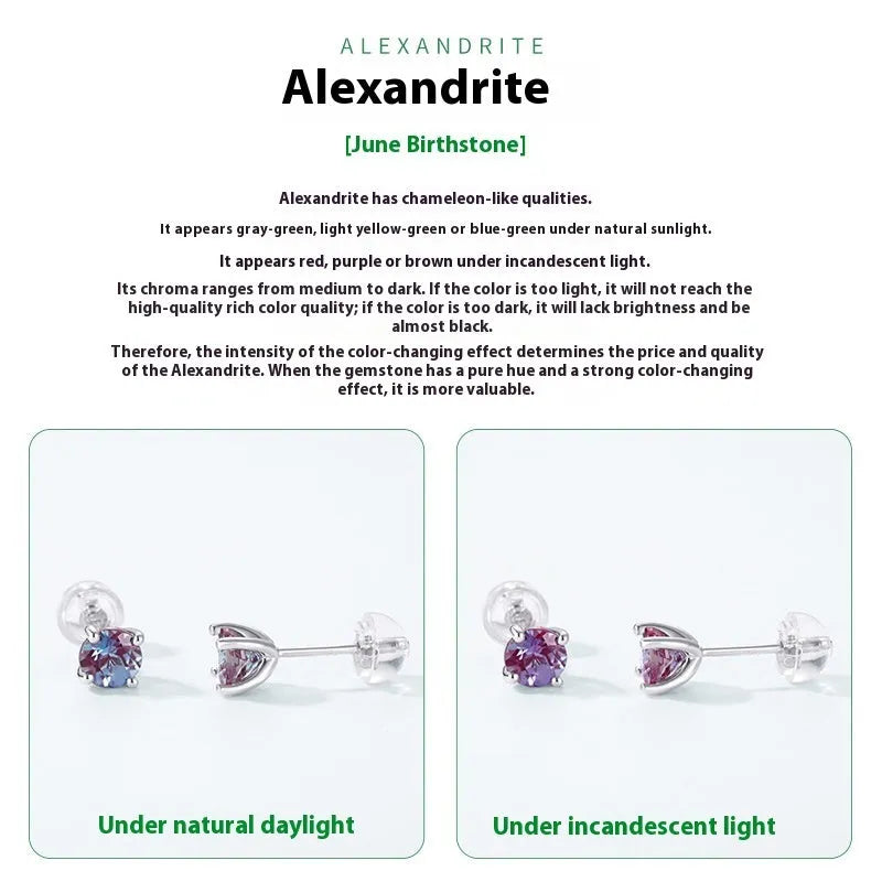 A pair of simple style silver ear studs with a round cultivated Alexandrite stone in a geometric setting.