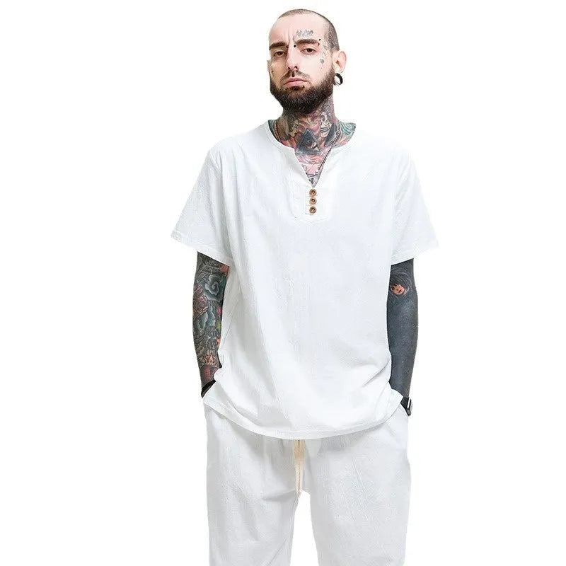 Men's loose cotton and linen T-shirt in apricot colour showing short sleeves and pullover style