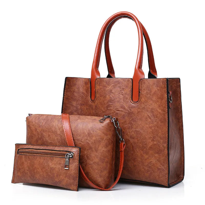Three-piece women's PU bag set in retro style with sewing line detail, available in four solid colours