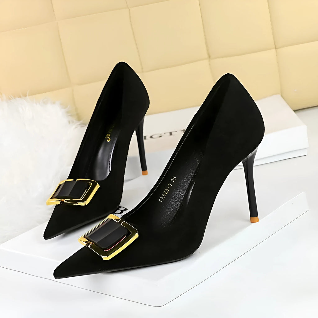 Black suede women's stiletto high heel shoes with a 9cm heel and open toe.