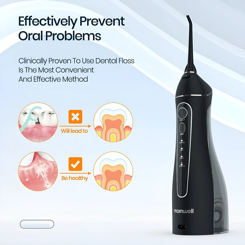 Black prooral portable oral irrigator with water reservoir and smart water toothpick technology