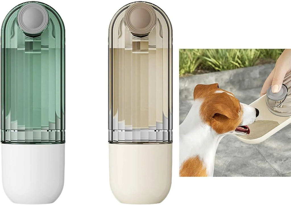 Beige foldable dog water bottle and food dispenser with large drinking opening, shown next to a leash.