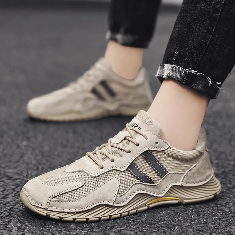 Men's low-top lace-up hiking boots platform shoes in sand colour with pigskin upper and rubber sole
