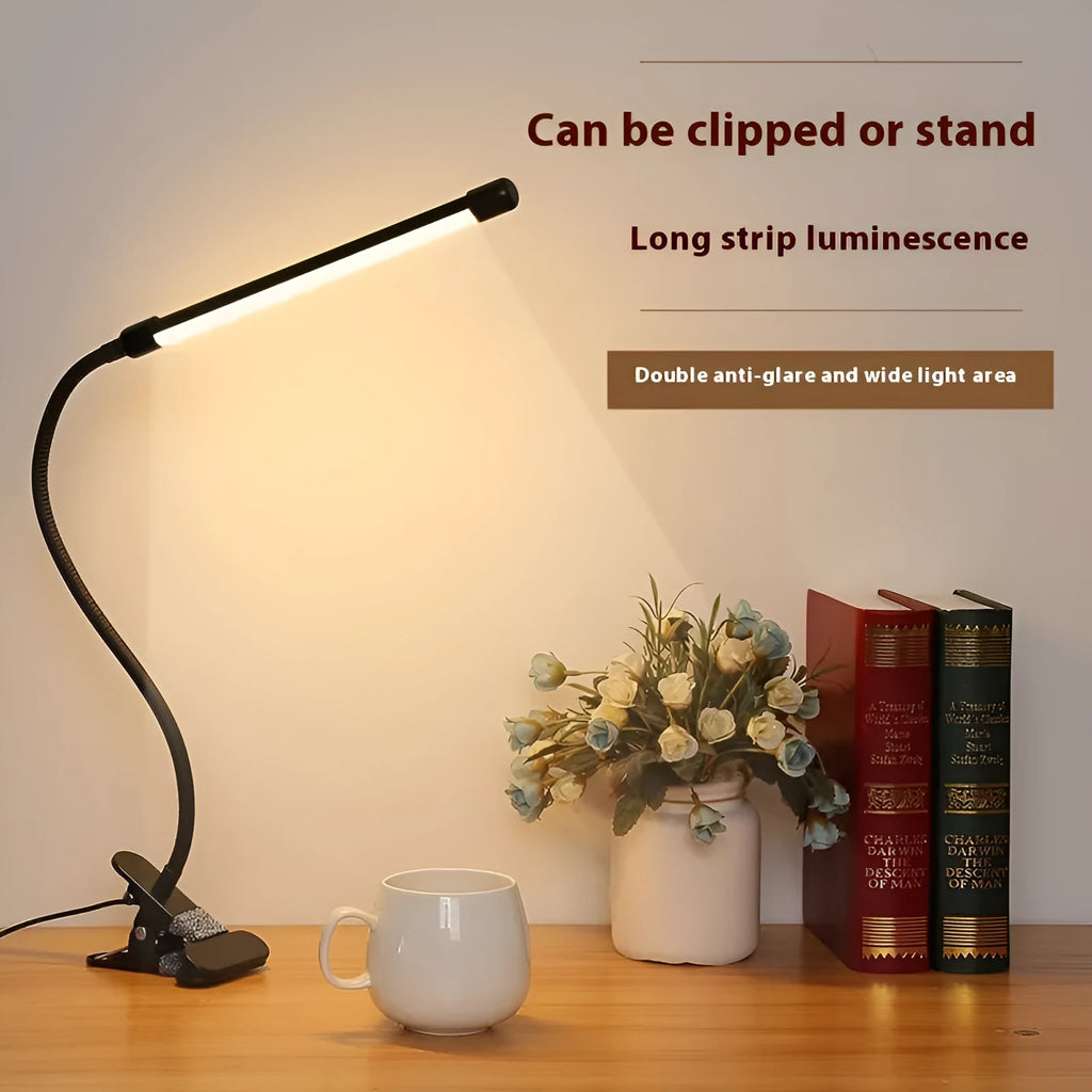 Black and white USB-powered LED desk lamp, 26 cm long, for dormitory eye protection.