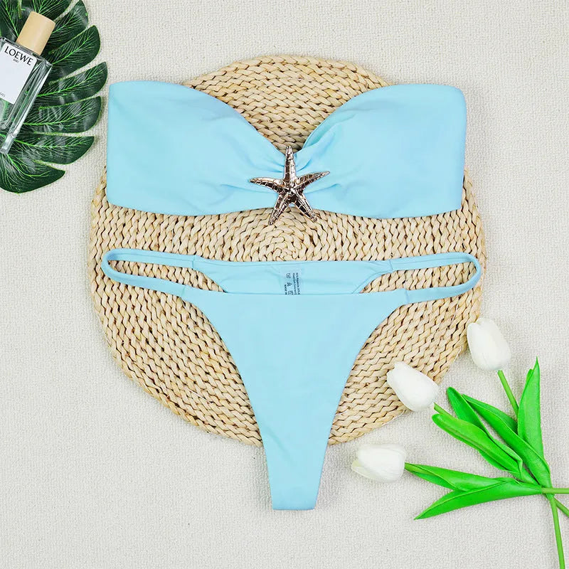 Women's tube top strap backless low waist bikini set in black white and blue nylon fabric with briefs style bottom