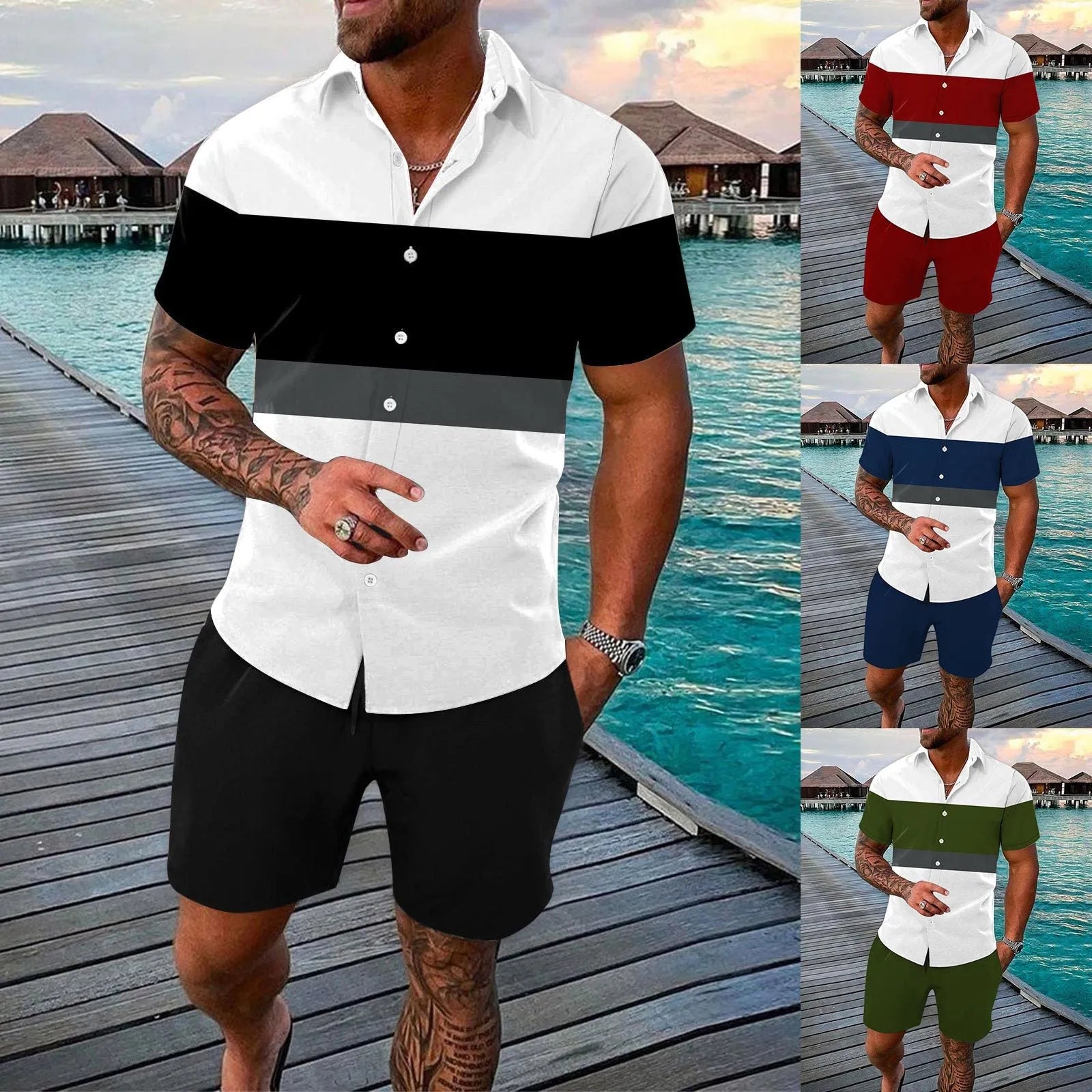Men's summer cardigan lapels shirt outfit with colour-matching pattern in ZC-7801 style, polyester fabric, multiple sizes available