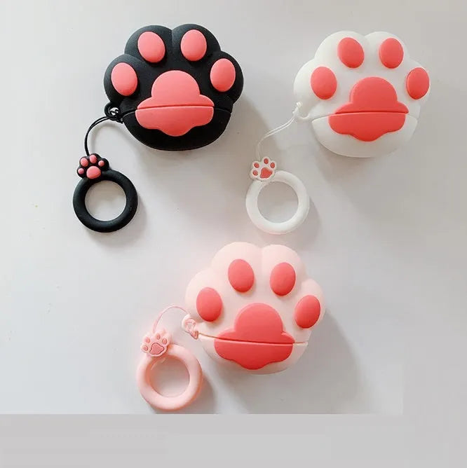 Cute cartoon cat paw AirPods case in soft rubber, clamshell style, with ring, 150mm x 65mm x 20mm