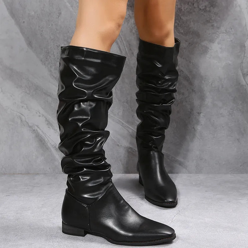 White cowboy boots for women with pointed toe, low chunky heel, side zipper, and high tube, sizes 35-43