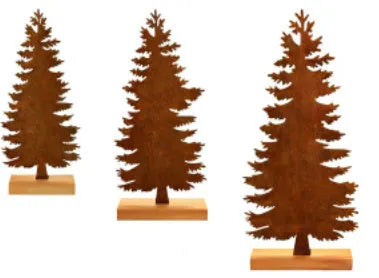 Three rusty metal elk Christmas tree ornaments with American-style design on green branches