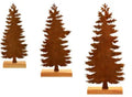 Three rusty metal elk Christmas tree ornaments with American-style design on green branches