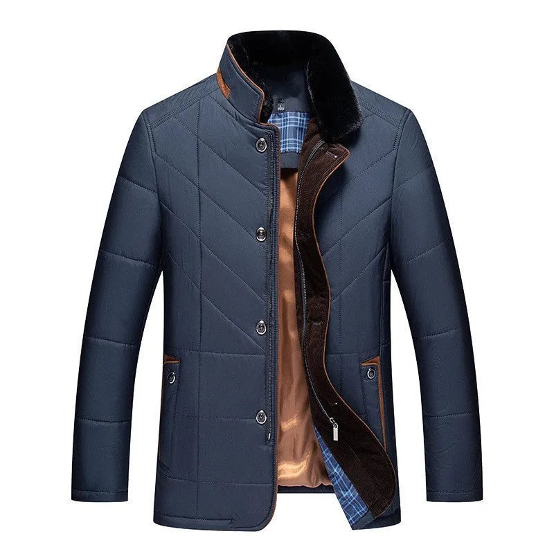 Men's dark blue padded winter short coat with side pockets on a neutral background.