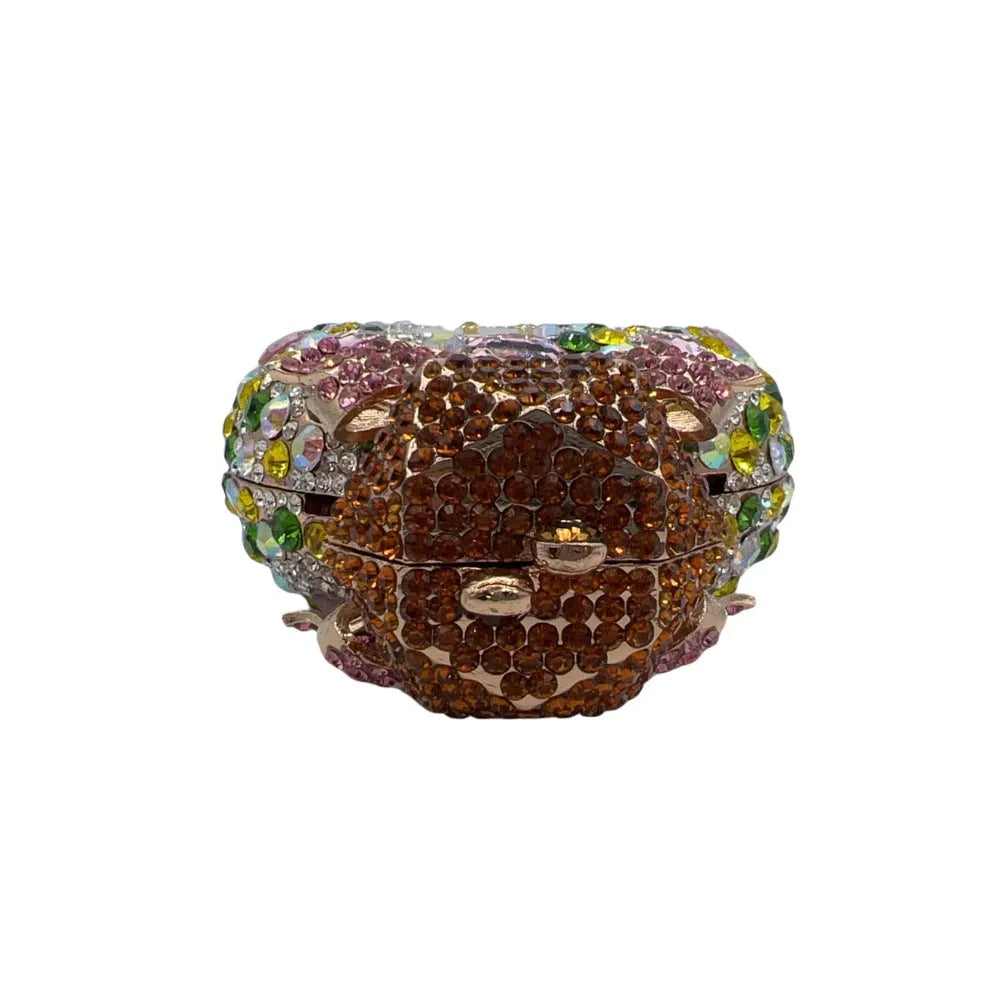 Women's hard alloy clutch with full diamond cover in golden colour with three-dimensional pocket
