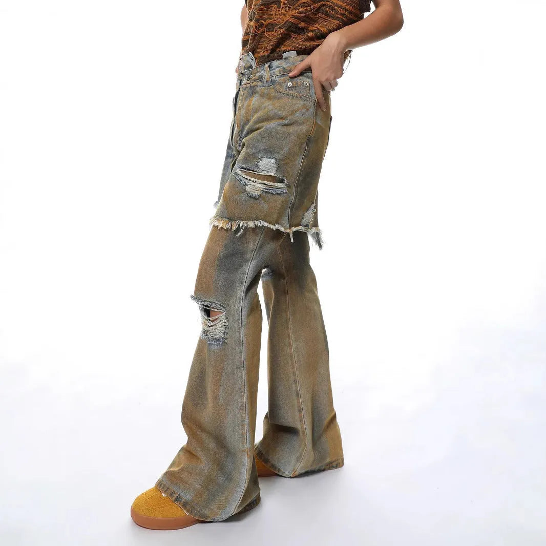 American Street loose hole bootcut pants in denim with high waist and straight-leg cut