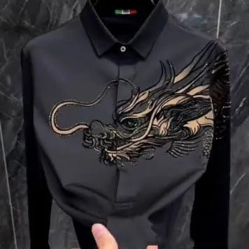 Men's black Ice Silk viscose printed shirt with advanced print design, available in sizes M to 5XL for large-size men