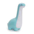 Dinosaur night light in lemon yellow with warm 3000K glow on a bedside table, USB charging cable included