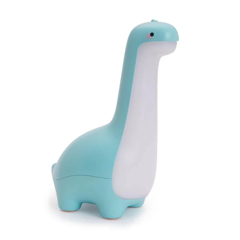 Dinosaur night light in lemon yellow with warm 3000K glow on a bedside table, USB charging cable included