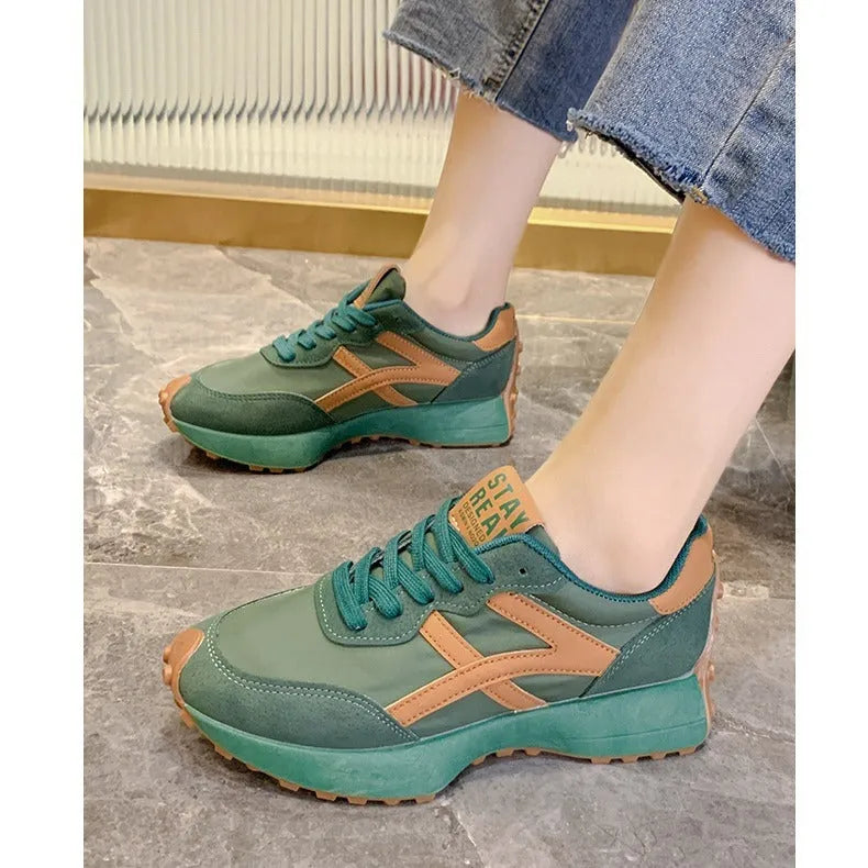 Women's beige casual dad sports shoes with cross shoulder strap, breathable mesh and PU upper, flat heel
